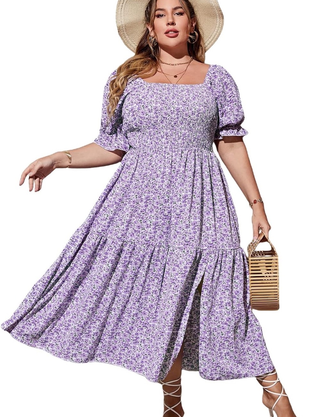 SHEIN plus Lilac Floral Smocked Midi Dress - Women